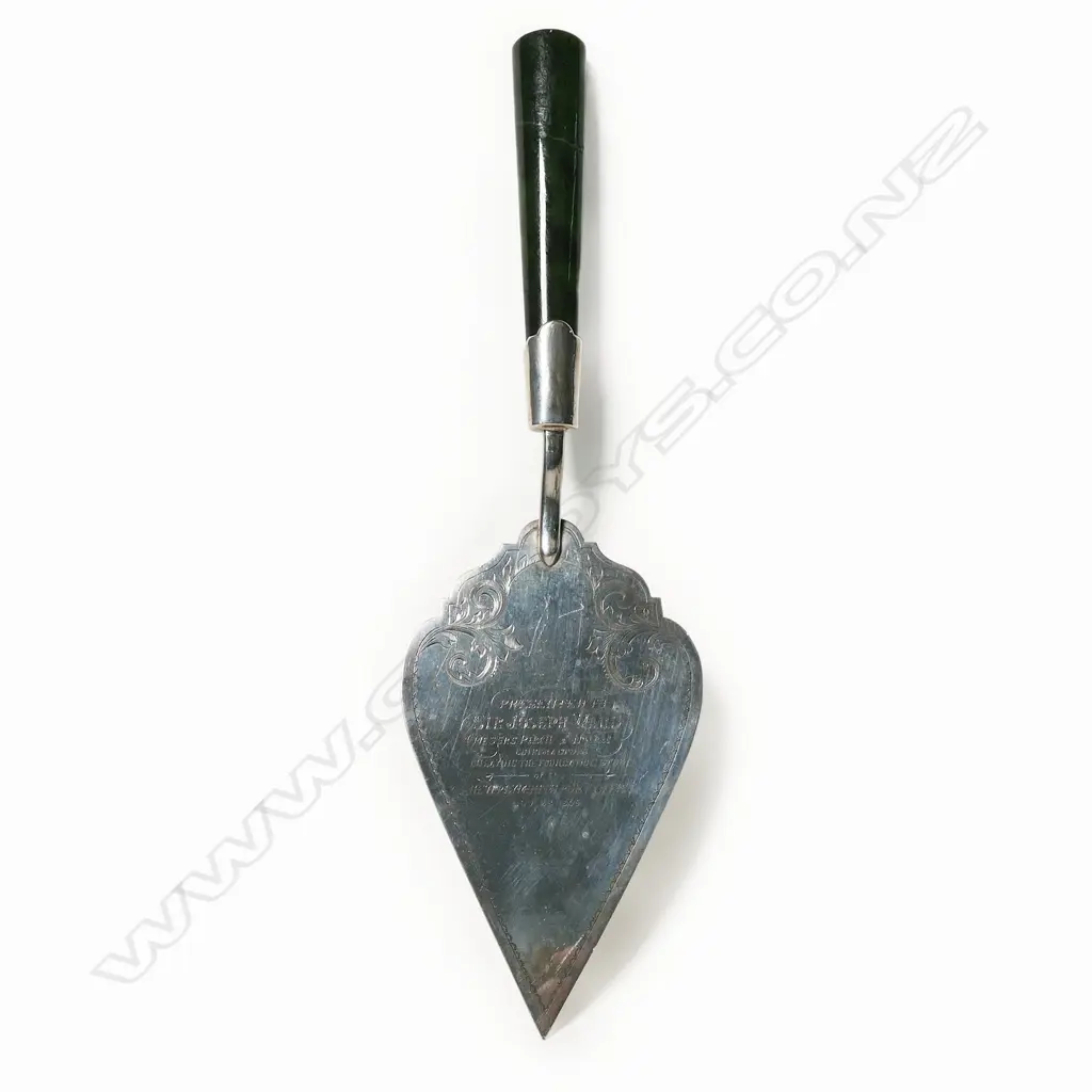 A L Cooke (New Plymouth) greenstone silver 1905 presentation Trowel, Image 1++